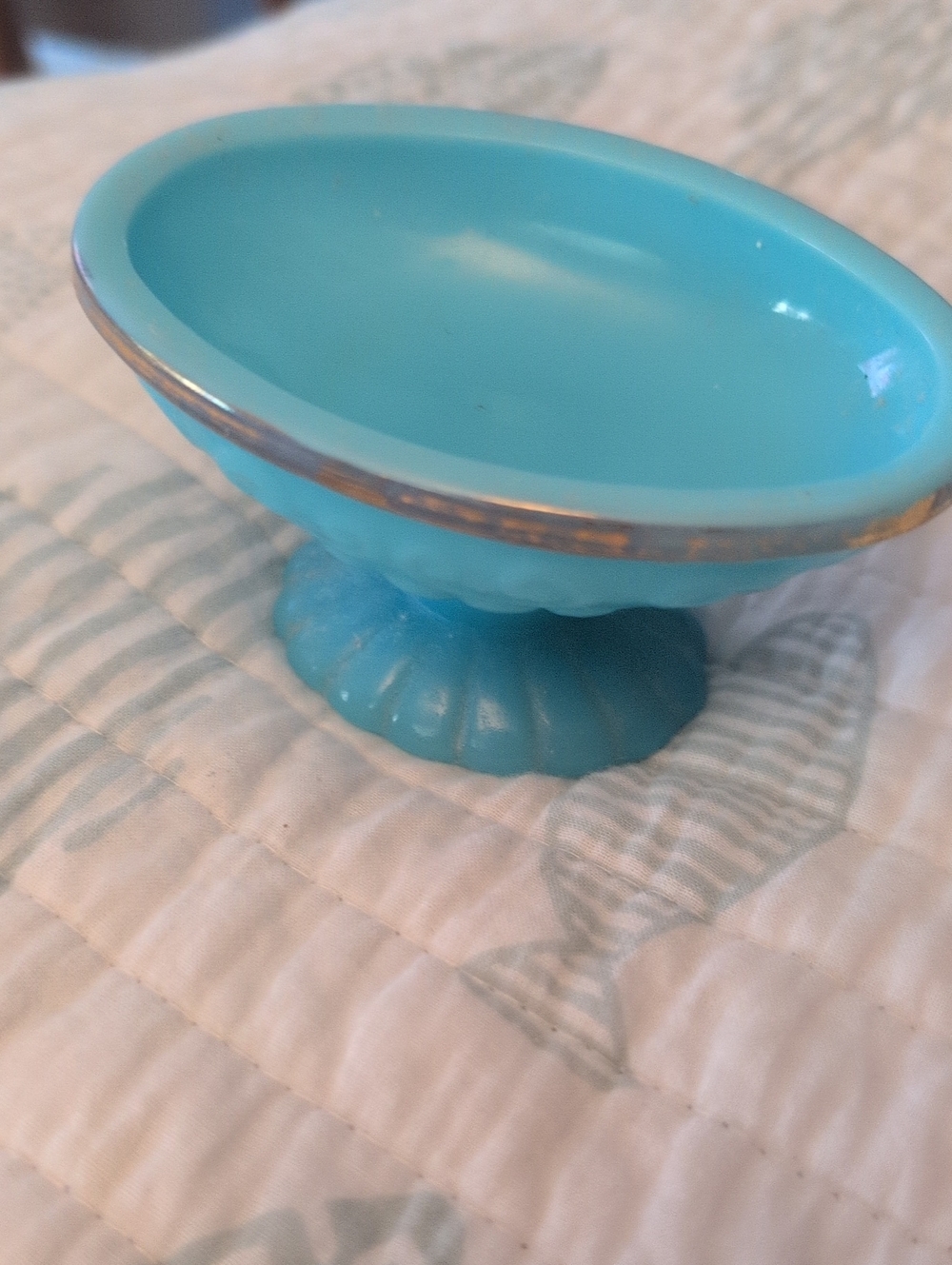 Avon Aqua Glass Pedestal Soap Dish with Silver Rim